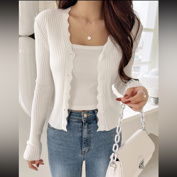 Scallop trim ribbed cardigan - Picture 5 of 6